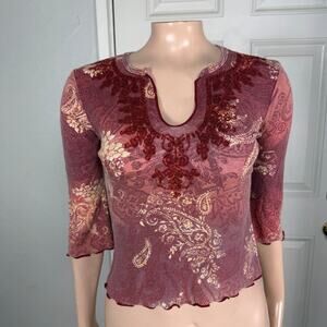 Vintage y2K Top S Shirt Knit Anxiety Cafe Beaded 3/4 sleeve Cotton Hippy U3-28